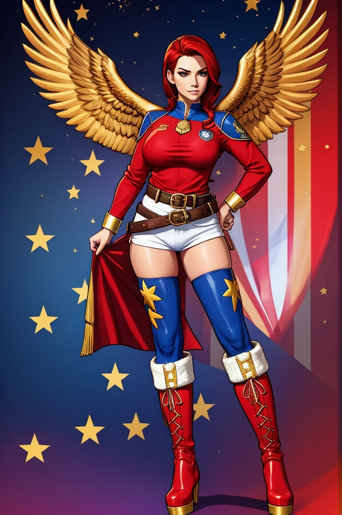 a red top with a golden eagle emblem, a white belt, blue star-spangled subligaculum, and red and golden go-go boots