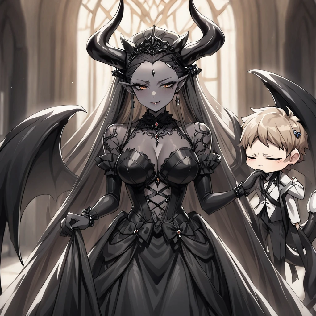 ((Highest quality)), ((masterpiece)), (detailed), (Perfect Face)、The woman is a sexy devil with jet black skin、The woman is a jet-black female demon with magnificent devil horns, jet-black devil wings, and a jet-black tail. Her skin is jet-black, she is wearing a luxurious black Gothic Victorian wedding dress and a black wedding veil, and she is holding the hand of the dignified and powerful Great Demon King and holding a wedding ceremony together. She is the jet-black demon Princess Leona, with medium-long light brown hair, a demon in both body and mind, and has the expression of a maiden in love.、The woman is the wife of her beloved husband, the dignified and powerful Demon King, and they are holding hands with the Demon King as they hold each other in their wedding ceremony.
