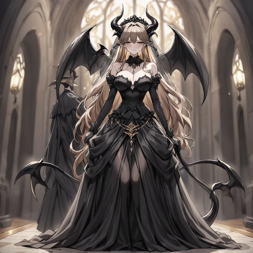 ((Highest quality)), ((masterpiece)), (detailed), （Perfect Face）、The woman is a sexy devil with jet black skin、The woman is a jet-black female demon with magnificent devil horns, jet-black devil wings, and a jet-black tail. Her skin is jet-black, she is wearing a luxurious black Gothic Victorian wedding dress and a black wedding veil, and she is holding the hand of the dignified and powerful Great Demon King and holding a wedding ceremony together. She is the jet-black demon Princess Leona, with medium-long light brown hair, a demon in both body and mind, and has the expression of a maiden in love.、The woman is the wife of her beloved husband, the dignified and powerful Demon King, and they are holding hands with the Demon King as they hold each other in their wedding ceremony.