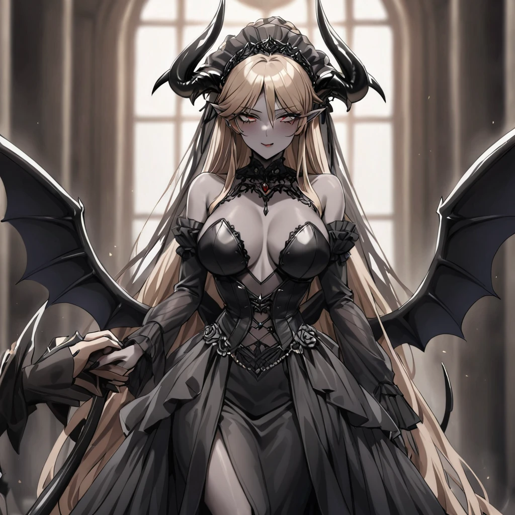 ((Highest quality)), ((masterpiece)), (detailed), (Perfect Face)、The woman is a sexy devil with jet black skin、The woman is a jet-black female demon with magnificent devil horns, jet-black devil wings, and a jet-black tail. Her skin is jet-black, she is wearing a luxurious black Gothic Victorian wedding dress and a black wedding veil, and she is holding the hand of the dignified and powerful Great Demon King and holding a wedding ceremony together. She is the jet-black demon Princess Leona, with medium-long light brown hair, a demon in both body and mind, and has the expression of a maiden in love.、The woman is the wife of her beloved husband, the dignified and powerful Demon King, and they are holding hands with the Demon King as they hold each other in their wedding ceremony.