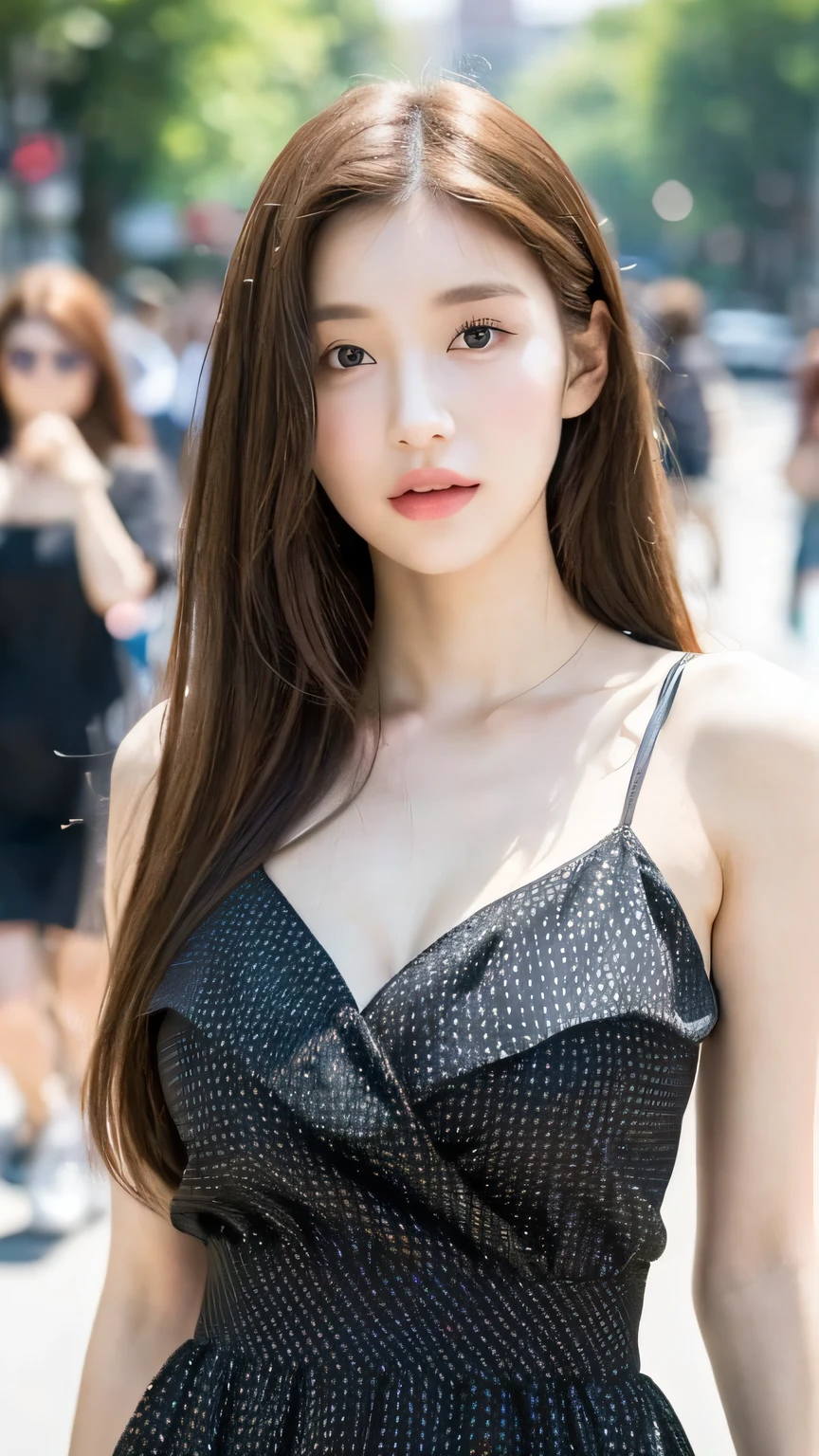 ((best quality, 8K, masterpiece:1.3))，1 Girl，18 years old，Asia，Real Texture:1.3，(Background blur:1.3)，Gorgeous long skirt，Slender figure:1.2，(hot weather in summer)，（street:1.3），Highly detailed face and skin texture，Exquisite eyes，Long eyelashes，Double eyelids，Skin Whitening，Happy，Large Breasts