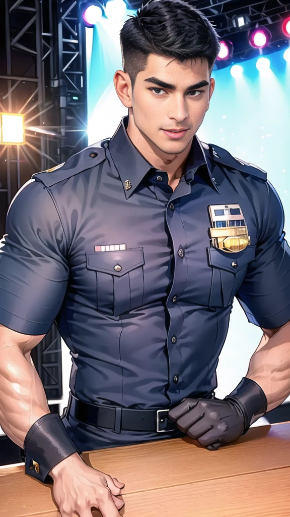 handsome man  sit on the table ,(crew cut short hair:1.2),black eye,smile,open mouth
(navy police uniform:1.2),(shirt short sleeves:1.2),collar,(shirt covered over:1.2),(name tag and Police badge:1.2),(shirt no buttons:1.1),(black_gloves:1.3),
(Navy blue cargo:1.2),Korean guy,korean men,(High gloss details),(chest muscles:1.2),(large arm muscles:1.2),blood vessel,Big muscles,Broad shoulders,looking at the audience,Balancing the eyes,middle of the road,(stage:1.4),