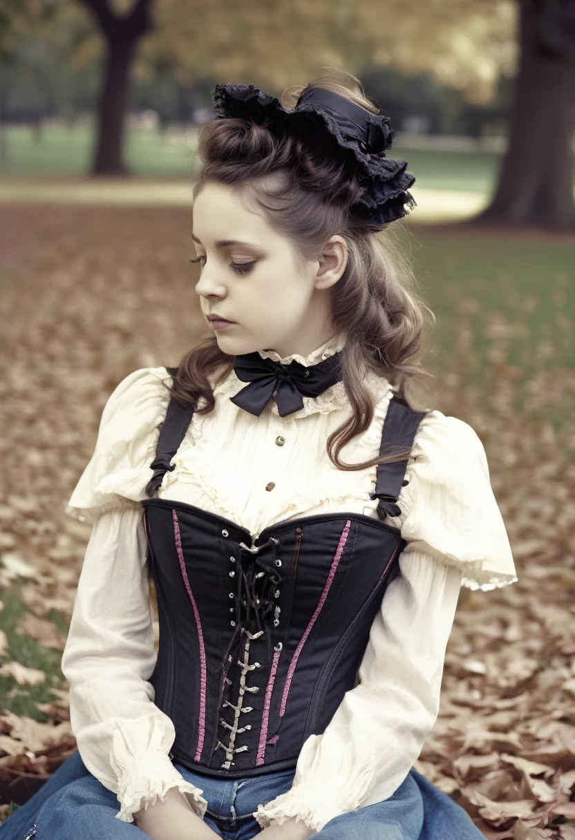 close-up, helpless shy ordinary kid, victorian hairstyle, saggy breasts, flared (Victorian corset and jeans with flounce), deeply sitting on her back in the park, caught in a sexual fetish session, 19th century photo, deep focus, vintage film grain, color correction retro style, soft lighting, ((in victorian corset and jeans with flounce))
