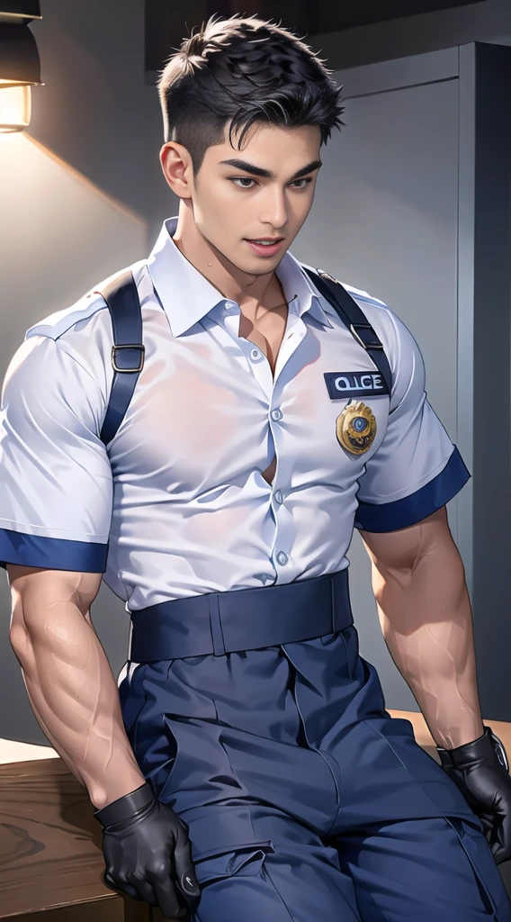 handsome man sit on the table ,(crew cut short hair:1.2),black eye,smile,open mouth (navy police uniform:1.2),(shirt short sleeves:1.2),collar,(shirt covered over:1.2),(name tag and Police badge:1.3),(shirt no buttons:1.1),(black_gloves:1.3), (Navy blue cargo:1.2),Korean guy,korean men,(High gloss details),(chest muscles:1.2),(large arm muscles:1.2),blood vessel,Big muscles,Broad shoulders,looking at the audience,Balancing the eyes,middle of the road,(stage:1.2),