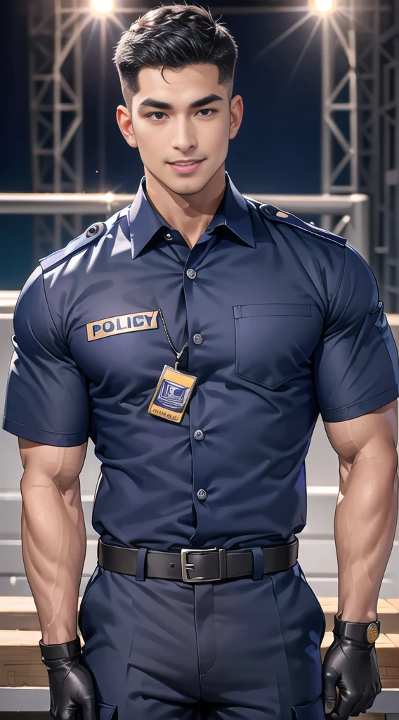 handsome man sit on the table ,(crew cut short hair:1.2),black eye,smile,open mouth (navy police uniform:1.2),(shirt short sleeves:1.2),collar,(shirt covered over:1.2),(name tag and Police badge:1.3),(shirt no buttons:1.1),(black_gloves:1.3), (Navy blue cargo:1.2),Korean guy,korean men,(High gloss details),(chest muscles:1.2),(large arm muscles:1.2),blood vessel,Big muscles,Broad shoulders,looking at the audience,Balancing the eyes,middle of the road,(stage:1.2),