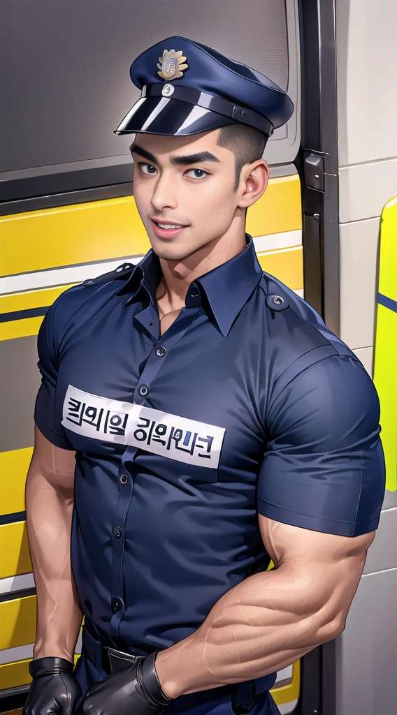 handsome man sit on the table ,(crew cut short hair:1.2),black eye,smile,open mouth (navy police uniform:1.2),(shirt short sleeves:1.2),collar,(shirt covered over:1.2),(name tag and Police badge:1.3),(shirt no buttons:1.1),(black_gloves:1.3), (Navy blue cargo:1.2),Korean guy,korean men,(High gloss details),(chest muscles:1.2),(large arm muscles:1.2),blood vessel,Big muscles,Broad shoulders,looking at the audience,Balancing the eyes,middle of the road,(stage:1.2),