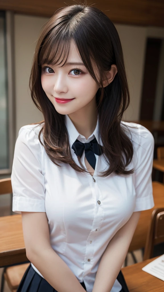 Tabletop, Highest quality, shape, Very detailed, In detail, High resolution, 8k wallpaper, Perfect dynamic composition, Beautiful details, White Magic Academy Uniform, Natural Lip, Big Breasts, Exposing the breasts,Asymmetrical Wave Hairstyle, smile