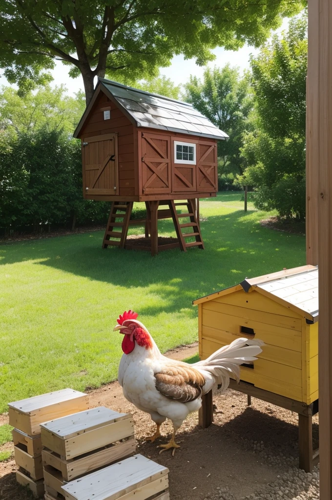 Create a picture of a chicken in a coop with 2 eggs, and outside a tree with a tree and bees flying 