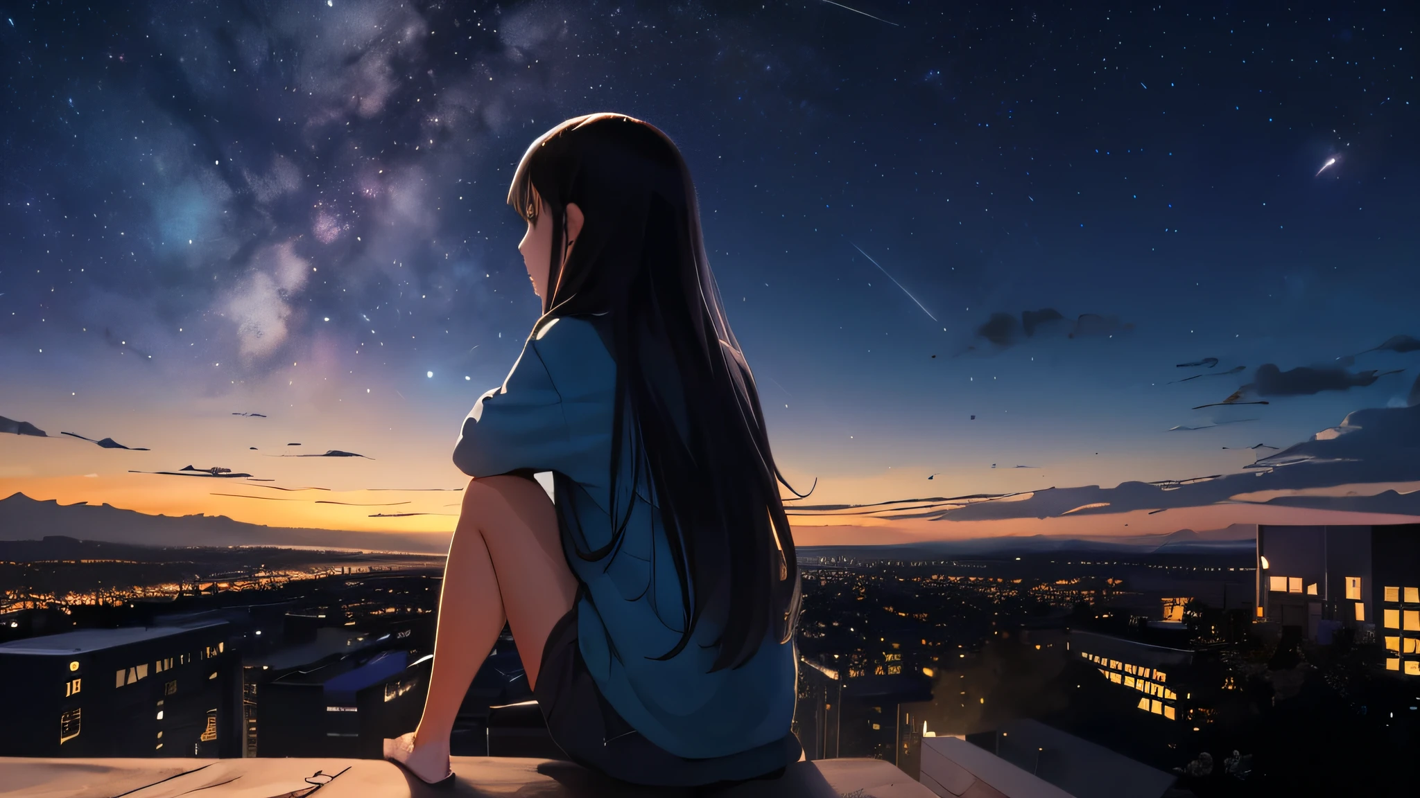 octans, sky, star (sky), scenery, starry sky, night, 1girl, night sky, solo, outdoors, building, cloud, milky way, sitting, tree, long hair, city, silhouette, cityscape