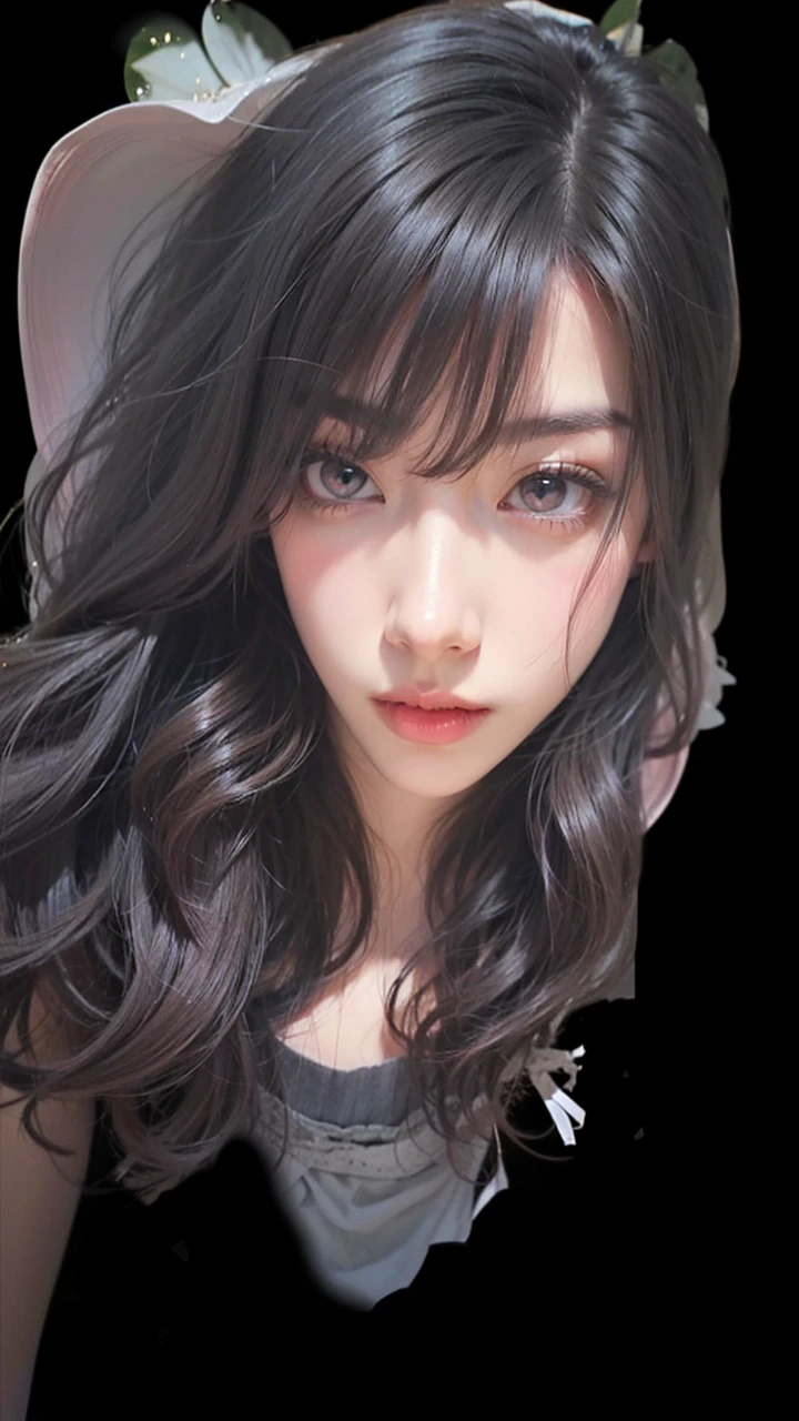 Light pink hair, pink eyes, pink and white, sakura leafs, vivid colors, white dress, paint splash, simple background, ray tracing, wavy hair
