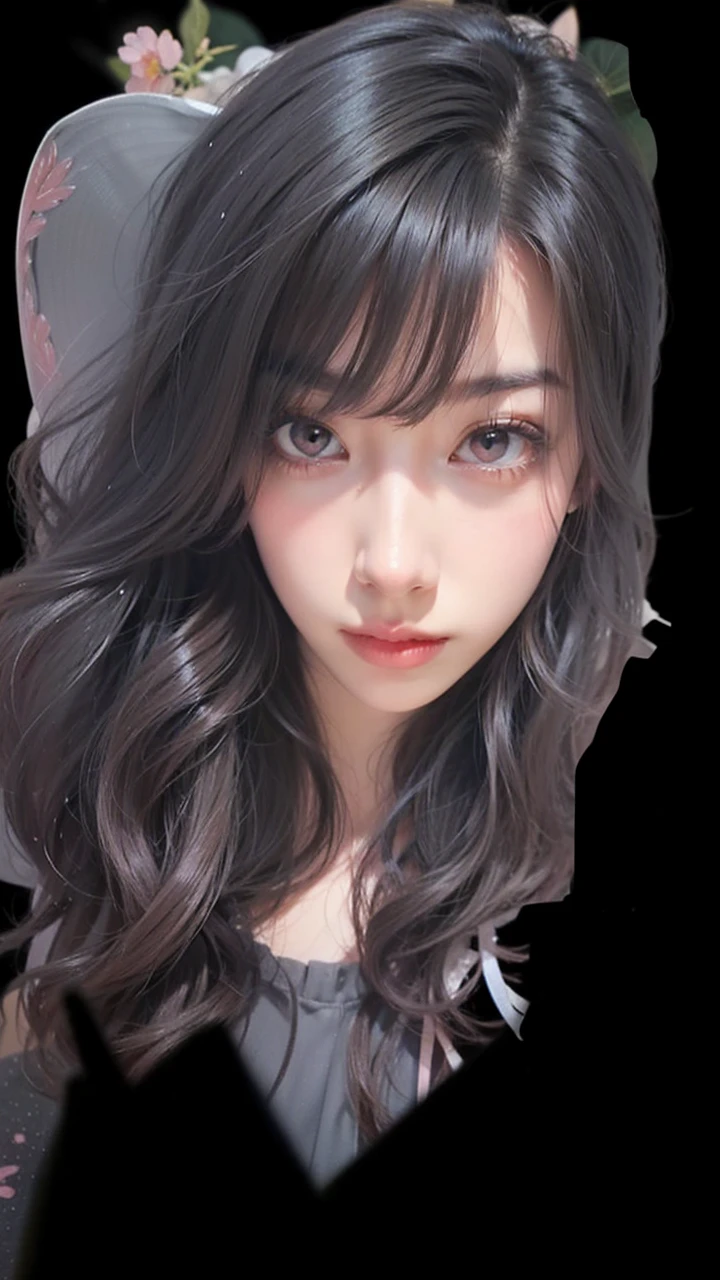 Light pink hair, pink eyes, pink and white, sakura leafs, vivid colors, white dress, paint splash, simple background, ray tracing, wavy hair