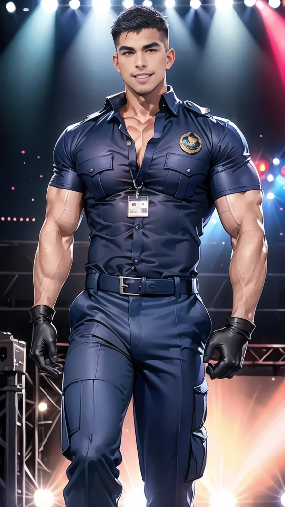 handsome man sit on the table ,(crew cut short hair:1.2),black eye,smile,open mouth (navy police uniform and t-shirt:1.2),(open shirt short sleeves:1.2),collar,(shirt covered over:1.2),(name tag and Police badge:1.2),(shirt no buttons:1.1),(black_gloves:1.3), (Navy blue cargo:1.2),Korean guy,korean men,(High gloss details),(chest muscles:1.2),(large arm muscles:1.2),blood vessel,Big muscles,Broad shoulders,looking at the audience,Balancing the eyes,middle of the road,(stage:1.4)