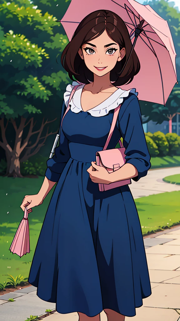 Woman. dark hair. long hair, eyes browns, wearing a blue formal dress, walking in a park. smirk on face, carrying a medium-sized bag with magazines, libero, light pink lipstick, happy looking, holding an umbrella in his left hand, holding a bible in his right hand.( Friendly expression on the face), (well-detailed face), sunny day