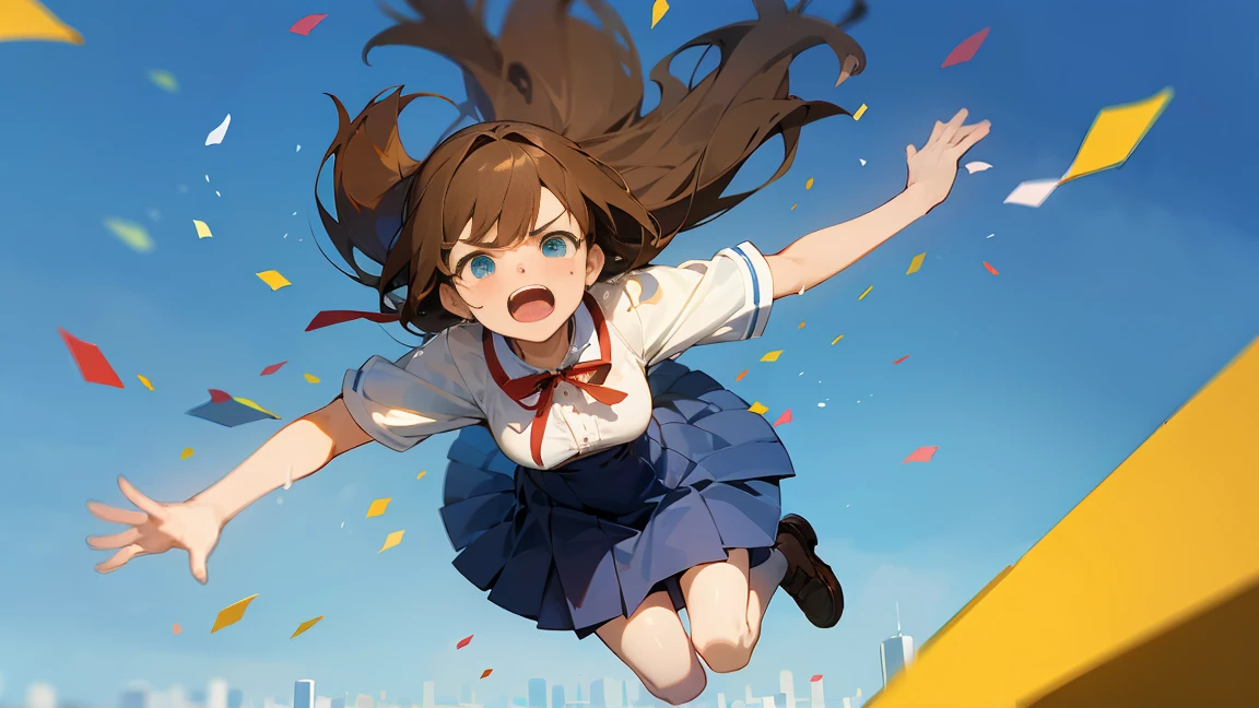 ((Highest quality)), ((masterpiece)), ((Very detailed)),Floatingする女の子,Angry expression，floating，Floating，Confetti，Brown Hair,tears,Levitating,Blue sky background,Feet in the air,tears,gravity,Long skirt,loafers,Raise both hands