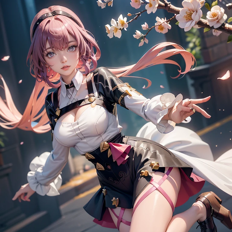 Kafka_(honkai: star rail), medium hair, flowing hair, floating hair, ornament hair, perfectly body, perfectly hands, dark pink rose on hair, maid, maid dress, maid headdress, maid apron, white apron, white apron, white headdress, on street, petals in the air, blossom peach tree, centered girl, Chinese style, white maid dress, white dress, more details on her clothes, dark pink dress with transparency, golden details, daylight, smiling, ((4k, masterpiece, top-quality)),8k, best quality, high resolution, HD, (illustration:0.8), super cute girl, delicate and beautiful face, 1girl, solo, mature girl, super cute hairstyle, (beautiful detailed eyes:1.6), extremely detailed face, perfect lighting, extremely detailed CG, (perfect hands, perfect anatomy), Best quality, cleavage, small skirt, full Body,