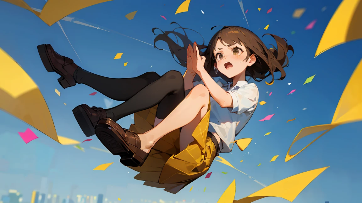 ((Highest quality)), ((masterpiece)), ((Very detailed)),Floatingする***,Angry expression，floating，Floating，Confetti，Brown Hair,tears,Levitating,Blue sky background,Feet in the air,tears,gravity,Long skirt,loafers,Raise both hands