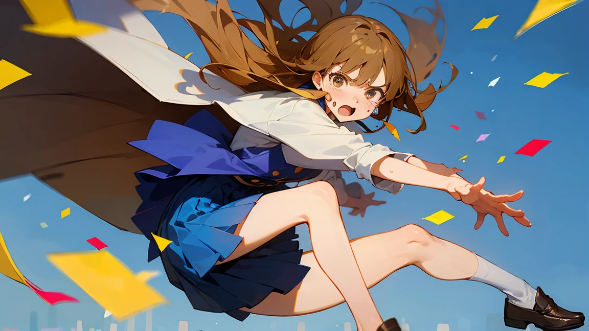 ((Highest quality)), ((masterpiece)), ((Very detailed)),Floatingする女の子,Angry expression,floating,Floating,Confetti,Brown Hair,tears,Levitating,Blue sky background,Feet in the air,tears,gravity,Long skirt,loafers,Raise both hands