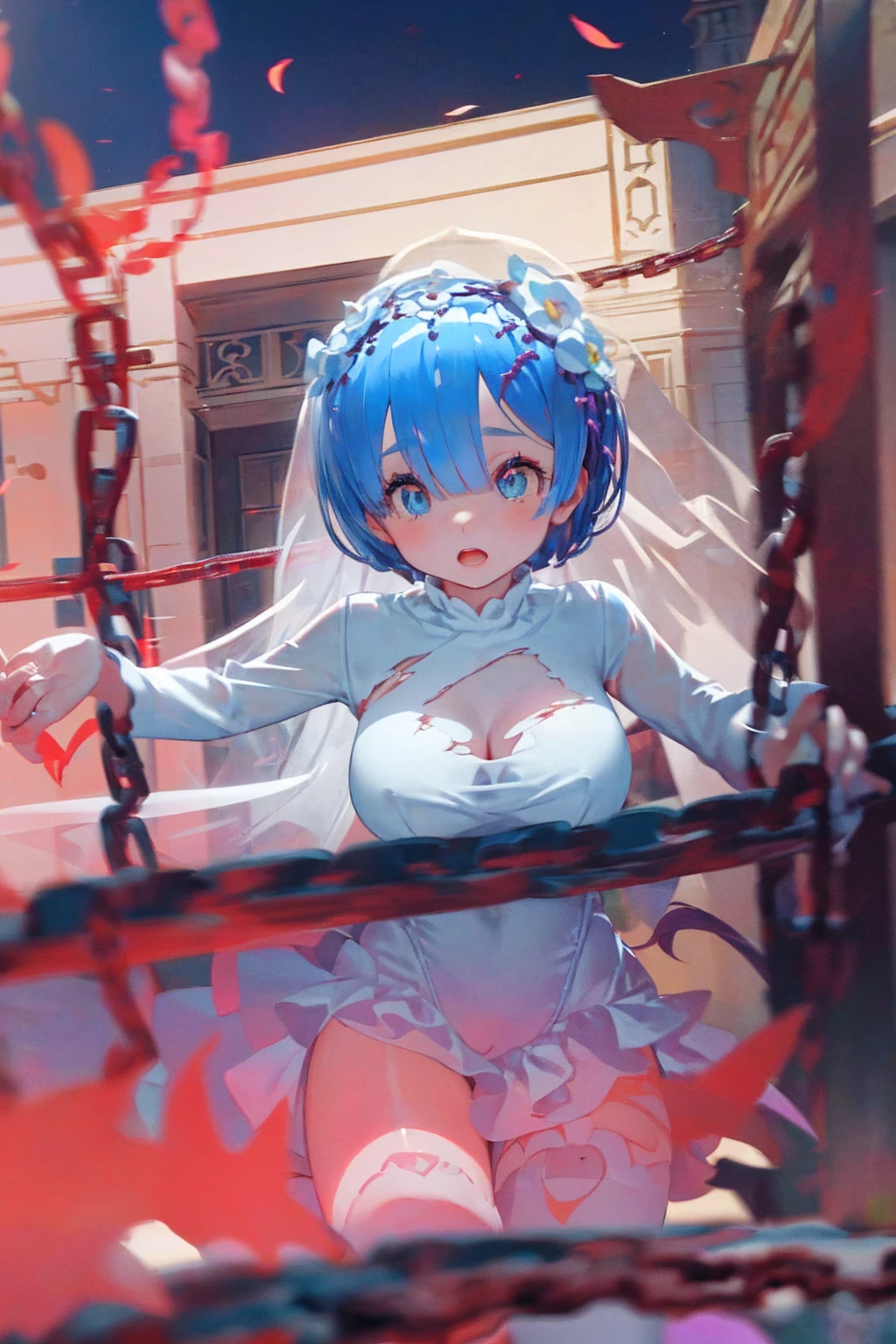 Fantasy World、Take Off、fly in the sky、(((((Huge angel wings flapping))))),(((((((Clothes are torn and breasts are visible))))))),(((Body bound in chains))),Short Hairstyles、Full moon night、Cherry Blossoms at Night、((((wedding)))),bride、((Church stained glass))、((Long skirt))、pipe organ、((Reaching out))、((((Throwing bouquets))))、(((((((Pure white wedding dress)))))))、(((((((Wedding dress ripped to shreds))))))),(((((Fisheye Lens)))))、((Super huge breasts))、(((Plump thighs)))、(((Rem from Re:Zero)))、looking at the camera、High qualityHigh quality、8k、(((((Full body description)))))、Chest、Fantastic、looking at the cameraで、(((Cherry blossoms fluttering down)))、Red carpet、Very tall、((Torn knee-high socks))