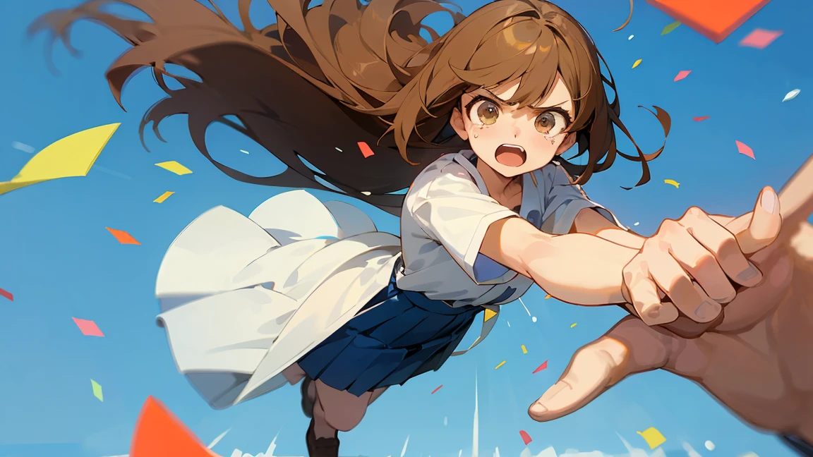 ((Highest quality)), ((masterpiece)), ((Very detailed)),Floatingする女の子,Angry expression，floating，Floating，Confetti，Brown Hair,tears,Levitating,Blue sky background,Feet in the air,tears,gravity,Long skirt,loafers,Raise both hands