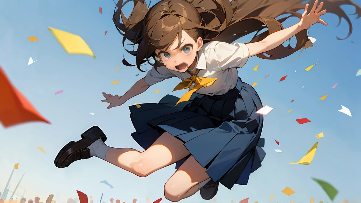 ((Highest quality)), ((masterpiece)), ((Very detailed)),Floatingする女の子,Angry expression,floating,Floating,Confetti,Brown Hair,tears,Levitating,Blue sky background,Feet in the air,tears,gravity,Long skirt,loafers,Raise both hands