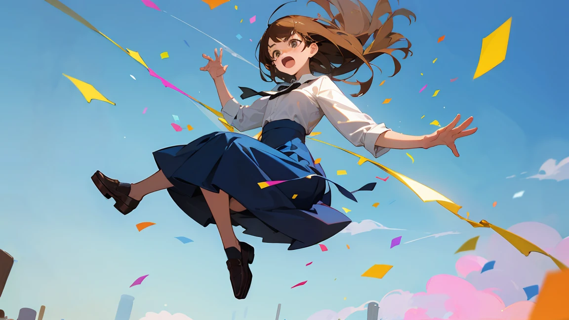 ((Highest quality)), ((masterpiece)), ((Very detailed)),Floatingする女の子,Angry expression，floating，Floating，Confetti，Brown Hair,tears,Levitating,Blue sky background,Feet in the air,tears,gravity,Long skirt,loafers,Raise both hands