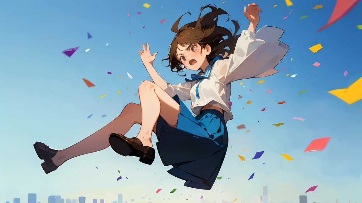 ((Highest quality)), ((masterpiece)), ((Very detailed)),Floatingする女の子,Angry expression,floating,Floating,Confetti,Brown Hair,tears,Levitating,Blue sky background,Feet in the air,tears,gravity,Long skirt,loafers,Raise both hands