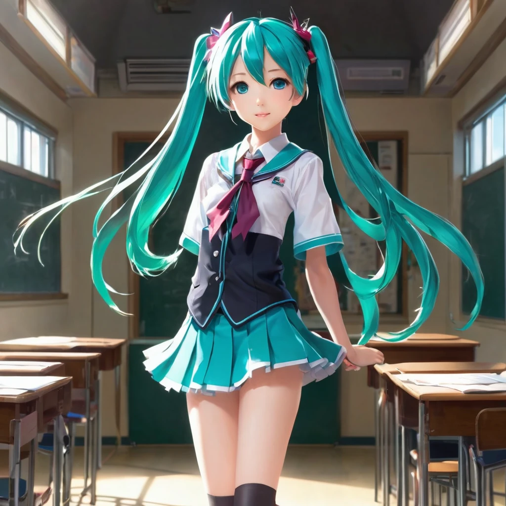 BREAK Perfect Anatomy、Highest quality、(High resolution:1.2)、Unbelievably absurd:1.3、Incredible illustrations、(Cute illustrations:1.2)、nsfw,（Beautiful background、night、classroom）、1gial(Hatsune Miku、(((9  female,short stature 1.2meters, slim 25kg)))）(flat chest)（school uniform,garter belt）（front view）