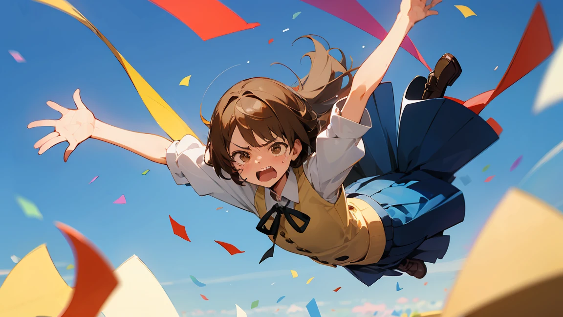 ((Highest quality)), ((masterpiece)), ((Very detailed)),Floatingする女の子,Angry expression,floating,Floating,Confetti,Brown Hair,tears,Levitating,Blue sky background,Feet in the air,tears,gravity,Long skirt,loafers,Raise both hands