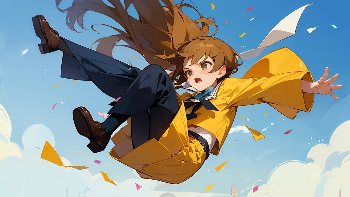 ((Highest quality)), ((masterpiece)), ((Very detailed)),Floatingする女の子,Angry expression,floating,Floating,Confetti,Brown Hair,tears,Levitating,Blue sky background,Feet in the air,tears,gravity,Long skirt,loafers,Raise both hands