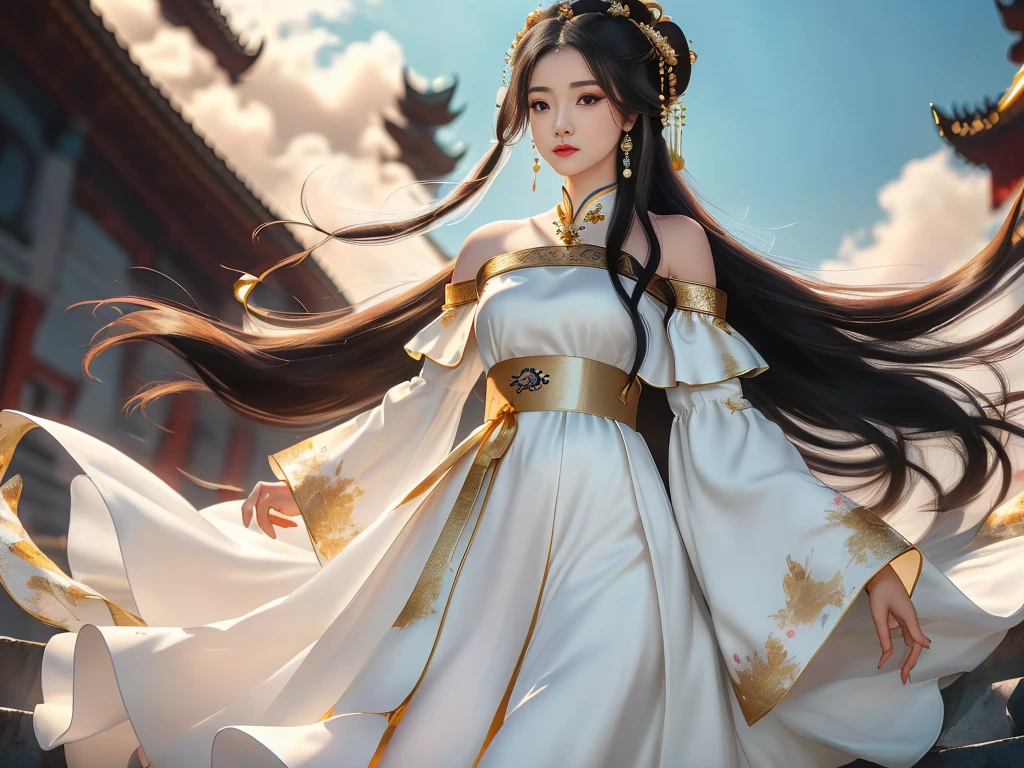 Girl in traditional Chinese clothing, Hanfu, Guzhen Hanfu women, White Hanfu,(long straight black hair:1.5), black eyes, black bun hairstyle, hair accessories ,white diamond earrings, Bangle Diameter, Dia Necklace, Clear eyes, Facing forward,put on makeup, Long eyelashes ,(gold long shoulder coat:1.5), (Very long skirt, white:1.5), ((Whole body)), ((from below)), Clear face, , (Very beautiful face, Beautiful mouth, beautiful eyes), detailed face, ((Ultra-fine skin)), In the dark, deep shadows, an ancient Chinese girl (Very slim figure 1.3) ,Plump breasts, elegant posture ,(palace in the sky:1.5),