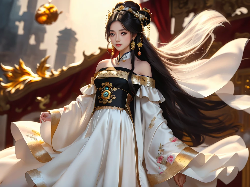 Girl in traditional Chinese clothing, Hanfu, Guzhen Hanfu women, White Hanfu,(long straight black hair:1.5), black eyes, black bun hairstyle, hair accessories ,white diamond earrings, Bangle Diameter, Dia Necklace, Clear eyes, Facing forward,put on makeup, Long eyelashes ,(gold long shoulder coat:1.5), (Very long skirt, white:1.5), ((Whole body)), ((from below)), Clear face, , (Very beautiful face, Beautiful mouth, beautiful eyes), detailed face, ((Ultra-fine skin)), In the dark, deep shadows, an ancient Chinese girl (Very slim figure 1.3) ,Plump breasts, elegant posture ,(palace in the sky:1.5),