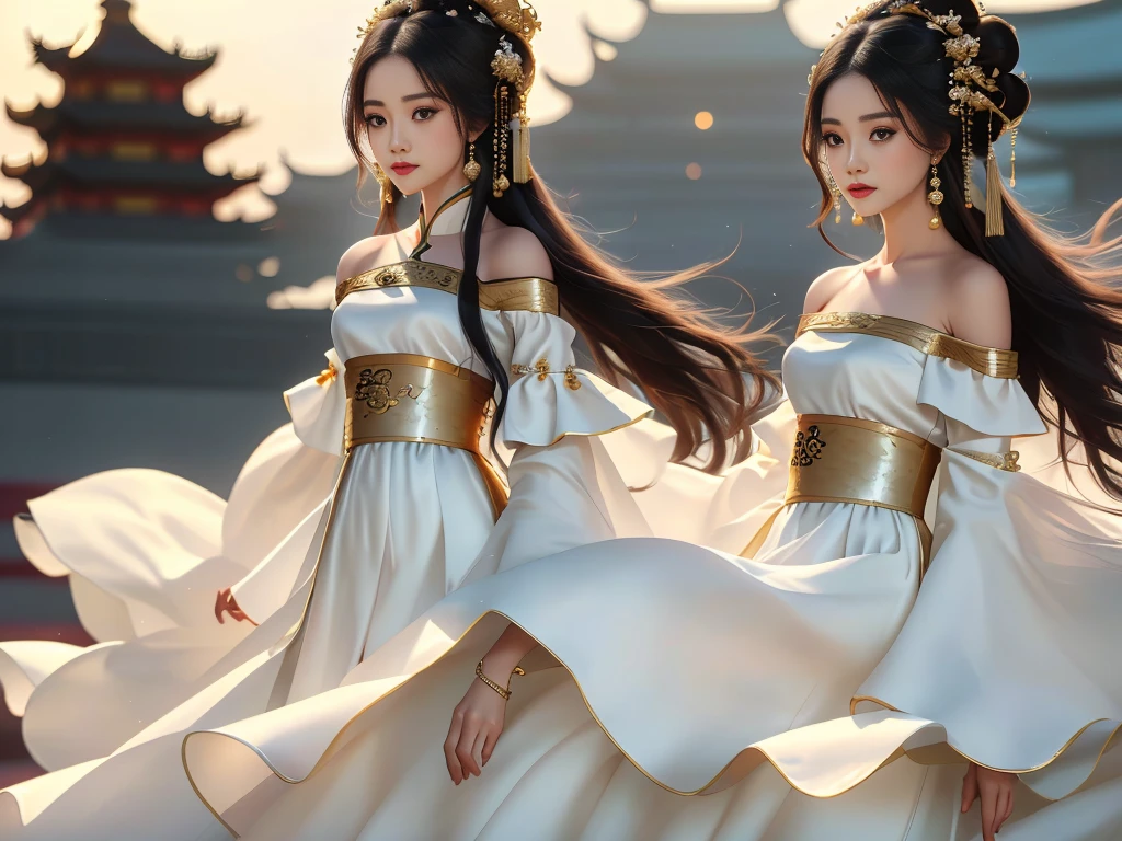 Girl in traditional Chinese clothing, Hanfu, Guzhen Hanfu women, White Hanfu,(long straight black hair:1.5), black eyes, black bun hairstyle, hair accessories ,white diamond earrings, Bangle Diameter, Dia Necklace, Clear eyes, Facing forward,put on makeup, Long eyelashes ,(gold long shoulder coat:1.5), (Very long skirt, white:1.5), ((Whole body)), ((from below)), Clear face, , (Very beautiful face, Beautiful mouth, beautiful eyes), detailed face, ((Ultra-fine skin)), In the dark, deep shadows, an ancient Chinese girl (Very slim figure 1.3) ,Plump breasts, elegant posture ,(palace in the sky:1.5),