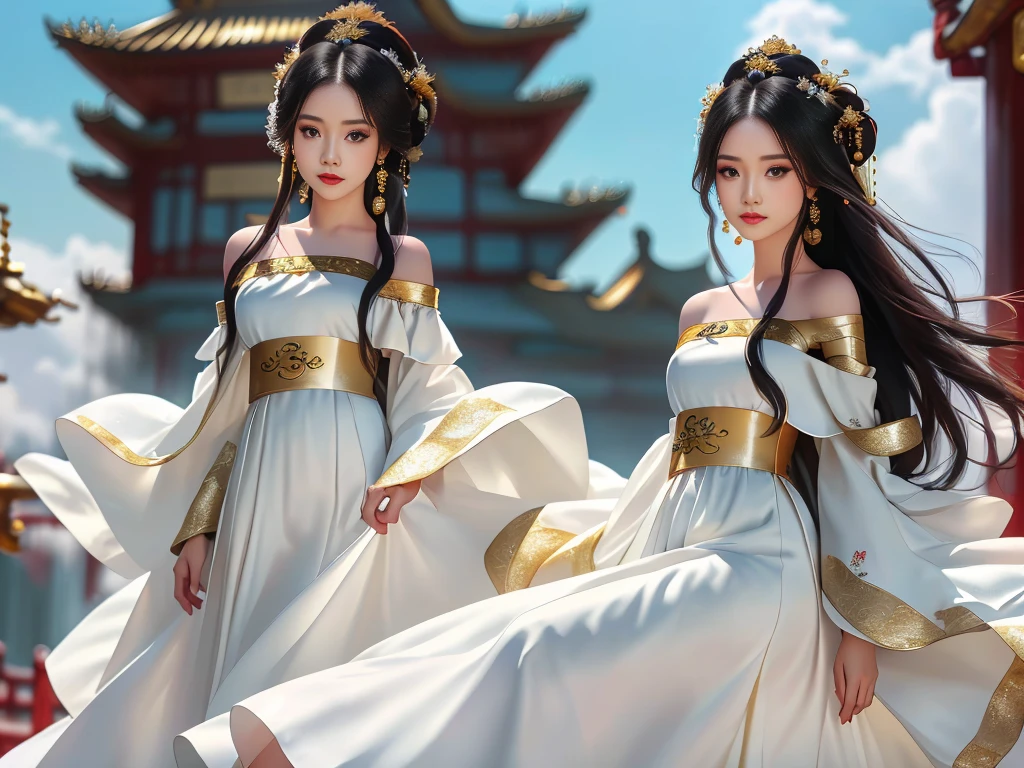 Girl in traditional Chinese clothing, Hanfu, Guzhen Hanfu women, White Hanfu,(long straight black hair:1.5), black eyes, black bun hairstyle, hair accessories ,white diamond earrings, Bangle Diameter, Dia Necklace, Clear eyes, Facing forward,put on makeup, Long eyelashes ,(gold long shoulder coat:1.5), (Very long skirt, white:1.5), ((Whole body)), ((from below)), Clear face, , (Very beautiful face, Beautiful mouth, beautiful eyes), detailed face, ((Ultra-fine skin)), In the dark, deep shadows, an ancient Chinese girl (Very slim figure 1.3) ,Plump breasts, elegant posture ,(palace in the sky:1.5),