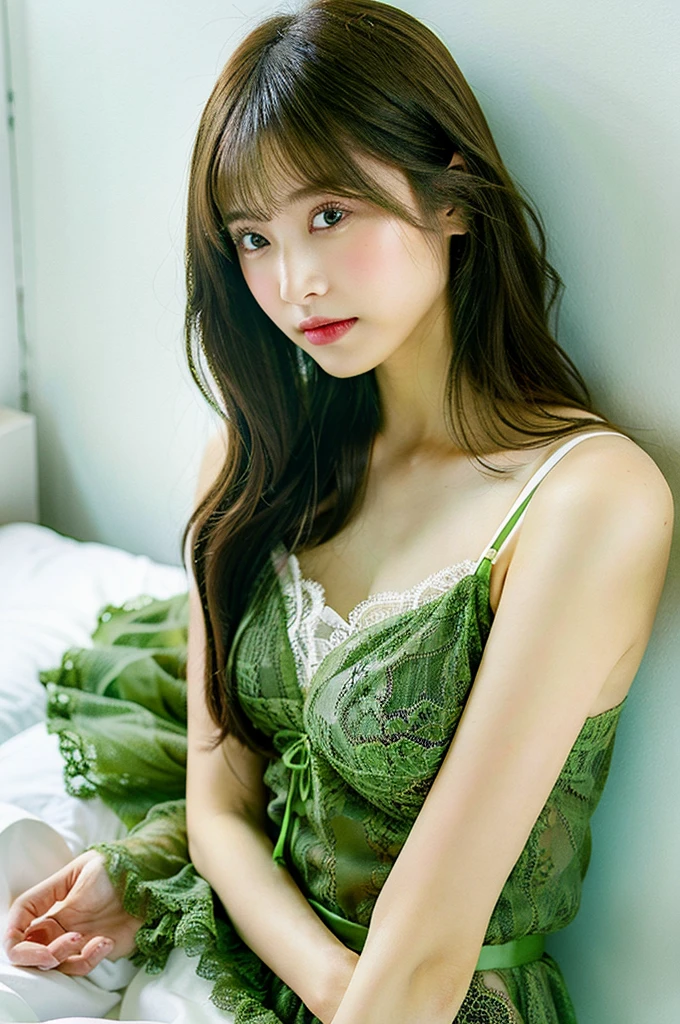 ((of the highest quality, 8K, masutepiece: 1.3, Raw photo)), Sharp Focus: 1.2, (1 AESPA Girl :1.1), (Solo), (Realistic, Photorealistic: 1.37), (Face Focus: 1.1), Cute face, hyperdetailed face, (Small breasts, flat chest: 1.2), Short messy hair, Small Smile, bedroom, (sheer fabric:1.2), (loose:1.3), Floral pattern lace strapless dress, skirt, (puffy eyes), from below, flower, green