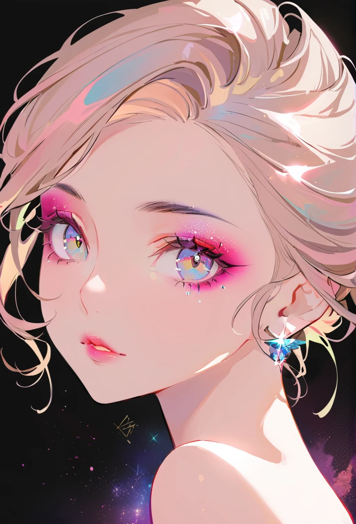 highres,portrait,best quality,makeup,glamorous,beautiful detailed eyes,beautiful detailed lips,dramatic makeup,highlight and contour,sparkling eyeshadow,vibrant lipstick,perfectly shaped eyebrows,intense gaze,sultry expression,flawless skin,smooth complexion,soft and glowing,subtle blush,shimmering highlight,artistic lighting,black background,professional photography,colorful backdrop, aura