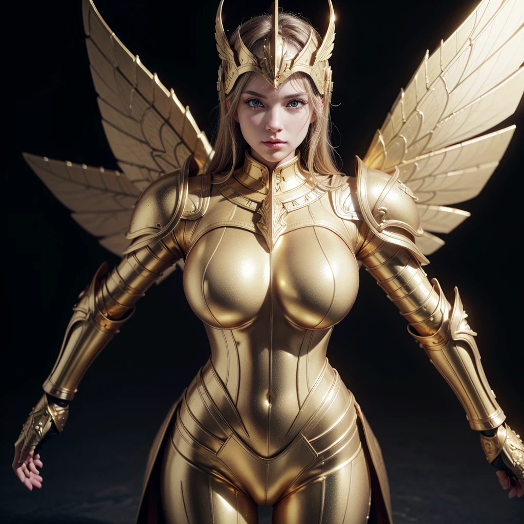 a highly detailed golden armor covering the entire body, divine armor, refined armor, best quality, 8k, highres, masterpiece, ultra-detailed, photorealistic, physically-based rendering, extreme detail description, professional, vivid colors, studio lighting, golden helmet with wings, big breasts, big ass, blue eyes, tight armor,