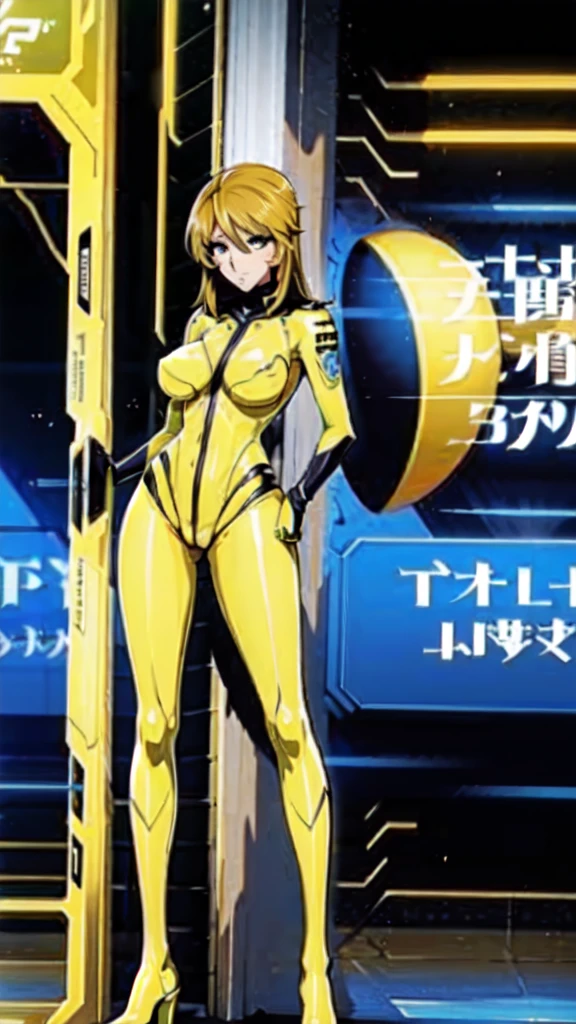 Mature Woman, Woman in a futuristic suit, Highly detailed face, nice, mother, Tomboy, Very large breasts, (Mature Woman), Adult face, (Mature Woman), Cyber Suit, Anime girl in tight suit, Milfication, Elegant body, Focus on the navel, nude, gloves, Earrings, sf, Female protagonist, Are standing, Volumetric Light, Detailed lighting, Detailed Texture, tits,cyber punk, masterpiece, Top quality eyes, sfの背景, Futuristic landscape, (((Yellow bodysuit))), Nipples are visible、Well defined nipples、High leg leotard