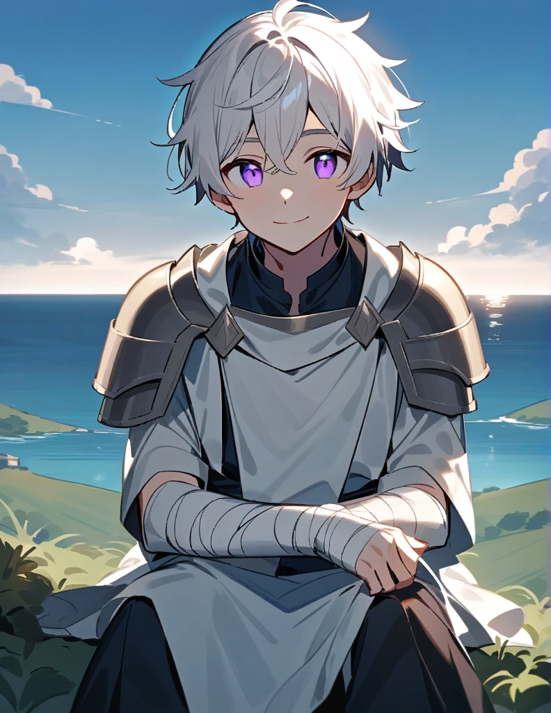 young Greek boy with long white hair at shoulder length, with violet eyes, with one of his arms covered in bandages, with silver shoulder pads and giving a smile of relief while sitting on a hill facing the ocean