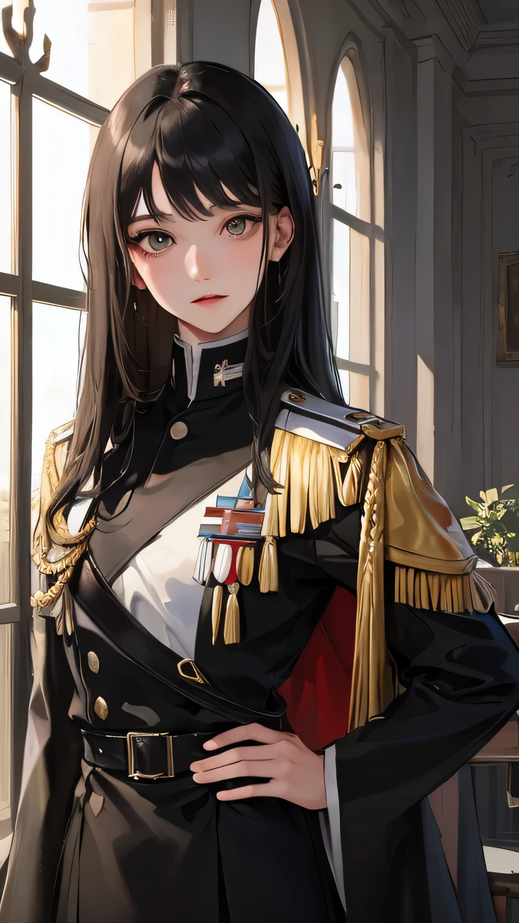 (highest resolution, distinct_image) best quality, woman, masterpiece, high detail, semi-realistic, short black hair, black hair, bangs, 21 years old, shoulder-length hair, mature, young, black clothes, black uniform, military academy beauty heroic heroic posture interior background exquisite and exquisite facial features