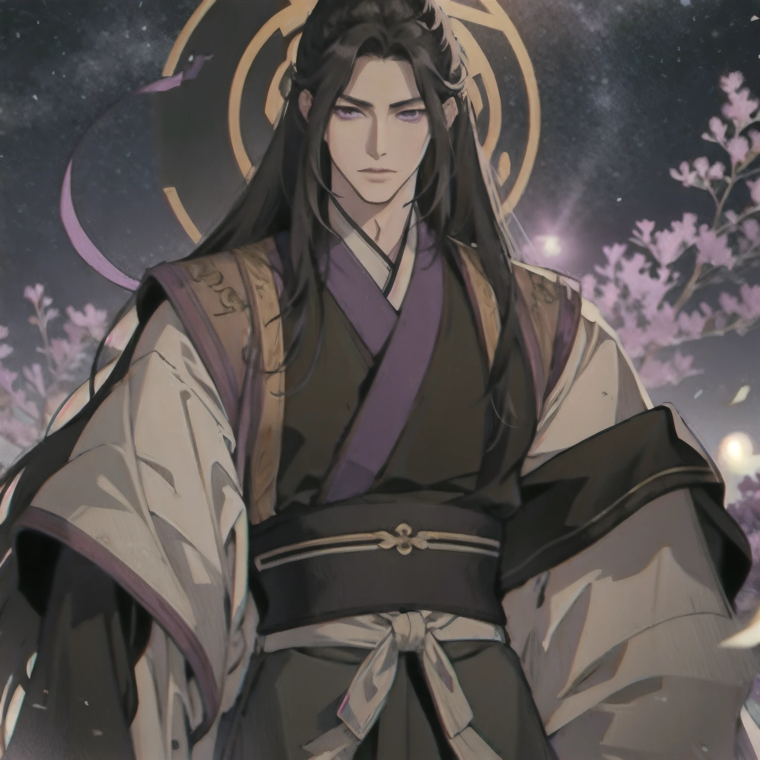 (masterpiece, best quality:1.2), 1male, solo, jiang cheng, mo dao zu shi, mdzs, clothes off, purple eyes, long black hair, perfect anatomy