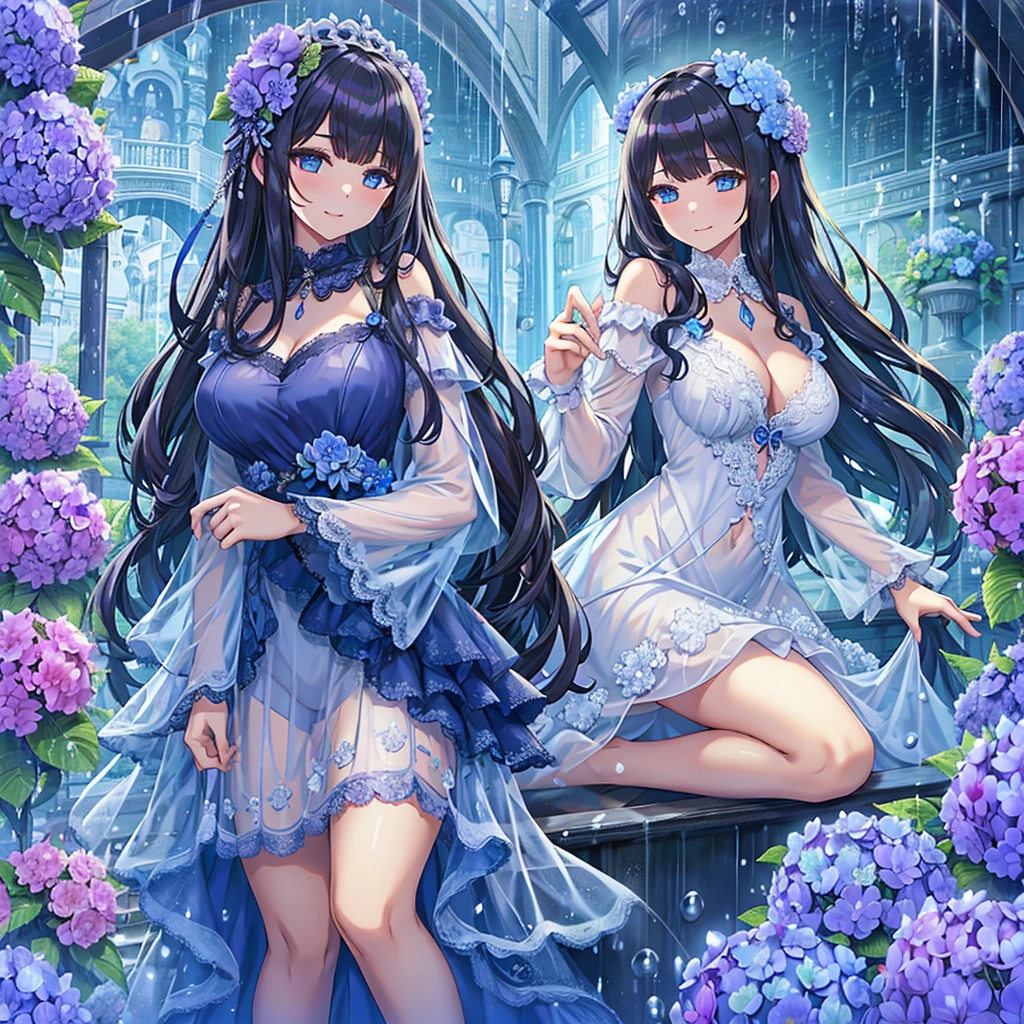 Masterpiece、Highest quality、Super detailed、(1 girl)、Big Tits、Cleavage、Blue Hair、Fluffy and soft long hair、梅rain、hydrangea、rain、Wet、Lace dress、Lace cape、See-through、Pussy、smile、