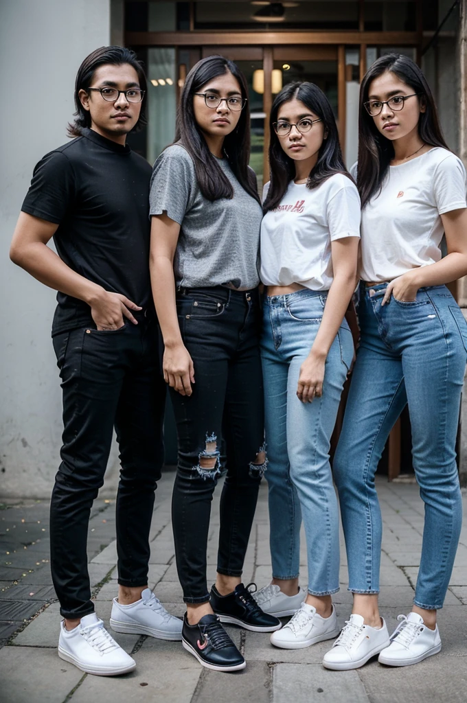 “Photo of 3 Indonesian brothers.28 year old ager named "ifan",21 year old bespectacled man named "Rois", wearing jeans,black shoes for women 40th name "mom wears elegant women's clothes,take a leisurely walk together,holding each other and smiling on the side of the city street,happily,building background and afternoon lighting,face visible.detail, detail, ultra hd, Realistic,high quality.”