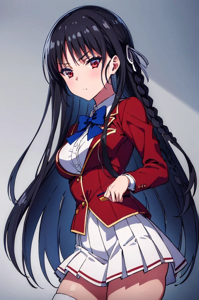 (masterpiece, best quality:1.5), (ultra detailed:1.4), (super fine illustration:1.4), perfect anatomy, 8k portrait,
1girl,
Suzune Horikita, 
Suzune Horikita \(youjitsu\),
long hair, braid, 
black hair, 
(red eyes:1.2), slant eyes, small eyes, 
blue bow, 
(medium breasts:0.9), 
red jacket, pleated skirt, black thigh-high socks,
looking at viewer, 
cowboy shot, 
perfect light, 