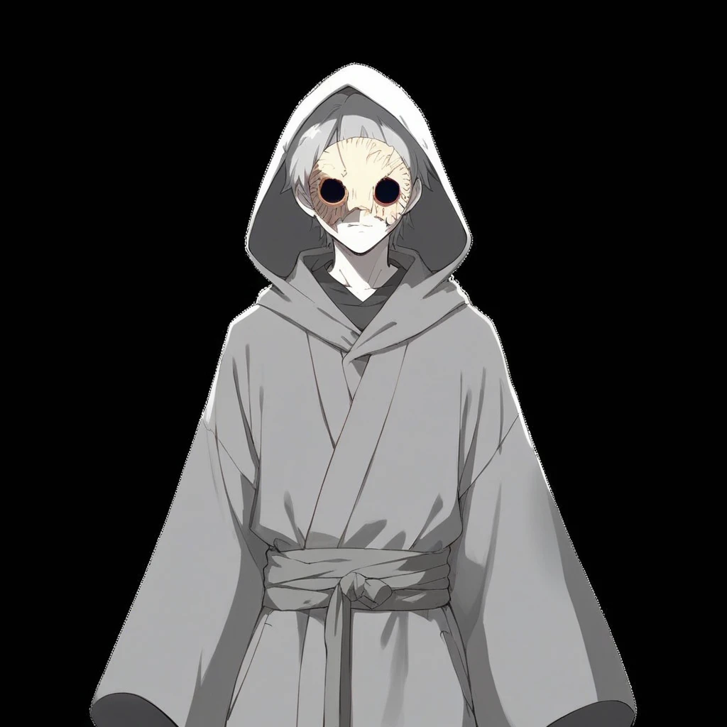 A person in a grey robe wearing a mask. by artist "anime", Anime Key Visual, Japanese Manga, Pixiv, Zerochan, Anime art, Fantia