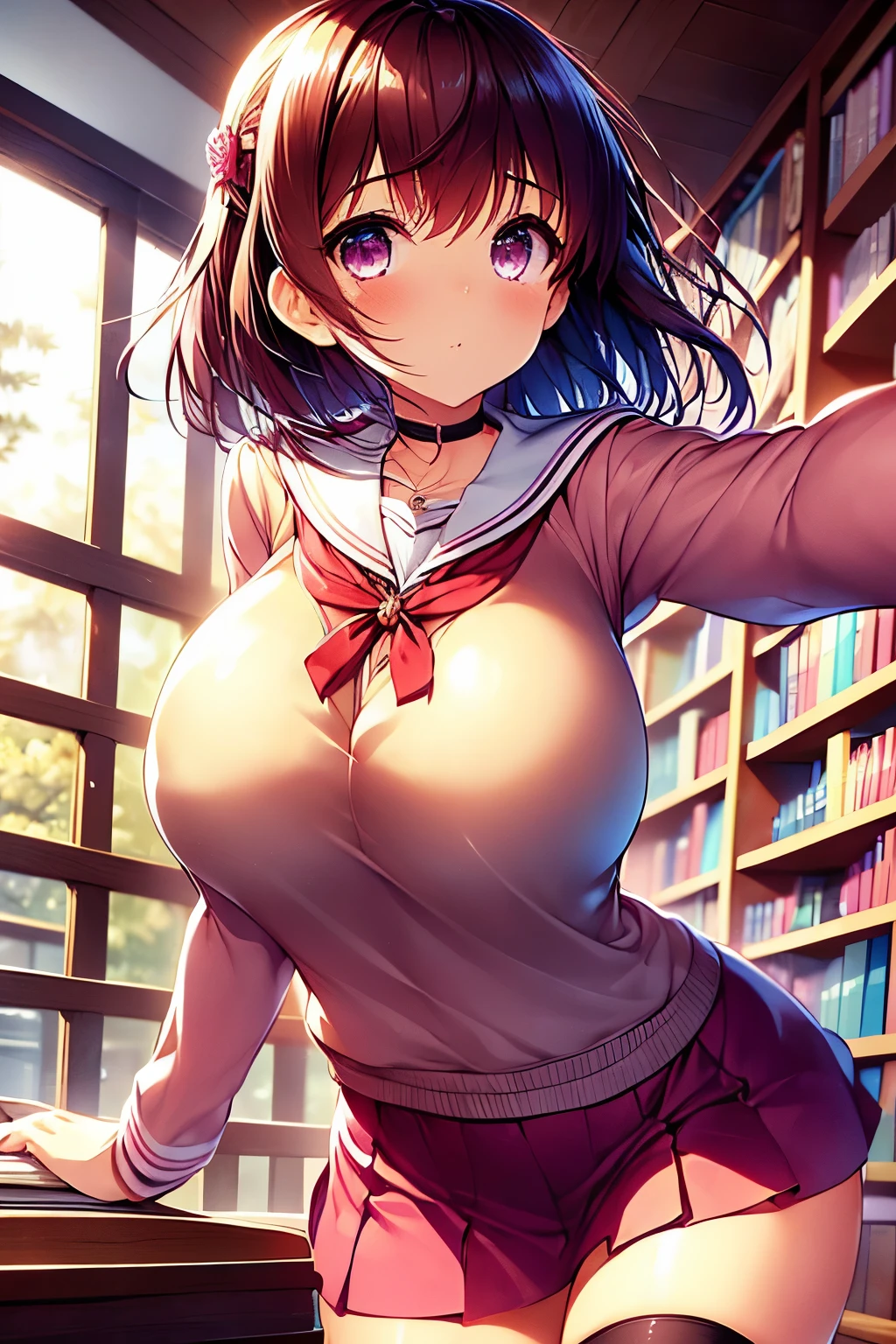 asami, (wearing  with short skirt), (inside the library),(trying to get a book from the top of a shelf),(stretching and tiptoeing),(detailed cenary),(looking at the observer), really big boobs, huge boobs