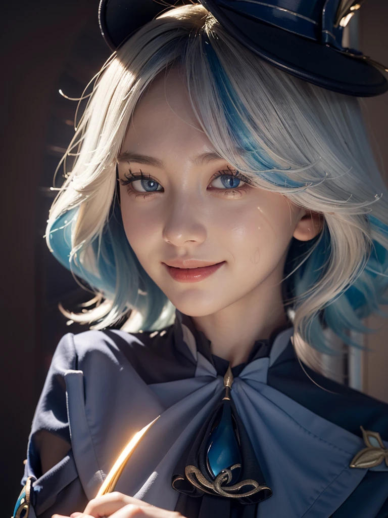 (Front Focus), (In the Dark: 1.6), Face Close-up, 1 Girl, Surrealistic Female Portraits by David Hockney and Alphonse Mucha, Fantasy Art, Photo Realism, Dynamic Lighting, ArtStation, Poster standing like a queen holding a royal sword , Volumetric Lighting, Very Detailed Faces, 4 K, Award-Winning 1girl, Dark, Deep Shadow, Understated, Cowboy Shot, (Official Uniform: 1.4), Long Hair, blue Hair, Smile, Ultra Fine Skin,
