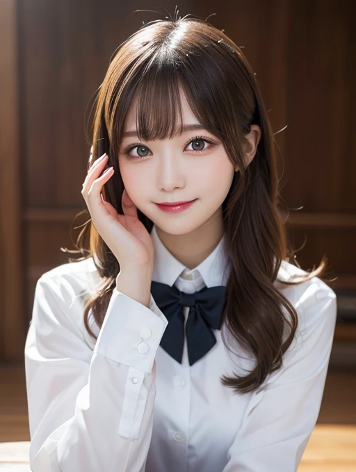 Tabletop, Highest quality, shape, Very detailed, In detail, High resolution, 8k wallpaper, Perfect dynamic composition, Beautiful details, White Magic Academy Uniform, Natural Lip, Asymmetrical Wave Hairstyle, smile