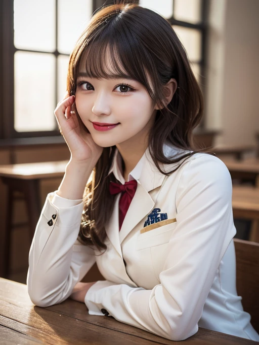 Tabletop, Highest quality, shape, Very detailed, In detail, High resolution, 8k wallpaper, Perfect dynamic composition, Beautiful details, White Magic Academy Uniform, Natural Lip, Asymmetrical Wave Hairstyle, smile