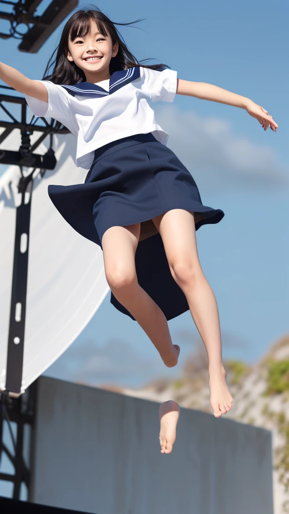 1girl,(((Okinawa ocean)))、(((White sand beaches in Okinawa)))、(((Just join your hands and pray)))、(((Mysterious look)))、8k UHD、Digital single-lens reflex camera、High resolution、Shallow depth of field、Natural light、(((Sailor suit)))、へそ出しルック、(((navy blue super mini skirt)))、(((A sparkling, charming smile)))、(((Full body photography)) )、Small person、(((Young face)))、1 Japanese female、;beautiful girl、(Black Hair)、A strong wind blows up my skirt、(((Brown eyes)))、Glowing Skin、Smooth Thinning Hair、Long Hair、Detailed background、Detailed eyes and face、Clear Eyes、Cute smile、Calm atmosphere、(((stage)))、(((Small breasts)))、(((Beautiful Eyes)))、Flat chest、Children、(((Toned thighs))) 、(((Angle from below) ))、(((Fine lips)))、(((Skirt fluttering)))、Shining beautiful legs、( Skirt fluttering violently in the strong wind :1.4), (hair blowing in the strong wind:1.4), (leaning forward)、barefoot、barefoot、((((A skirt flipped up by a strong wind))))