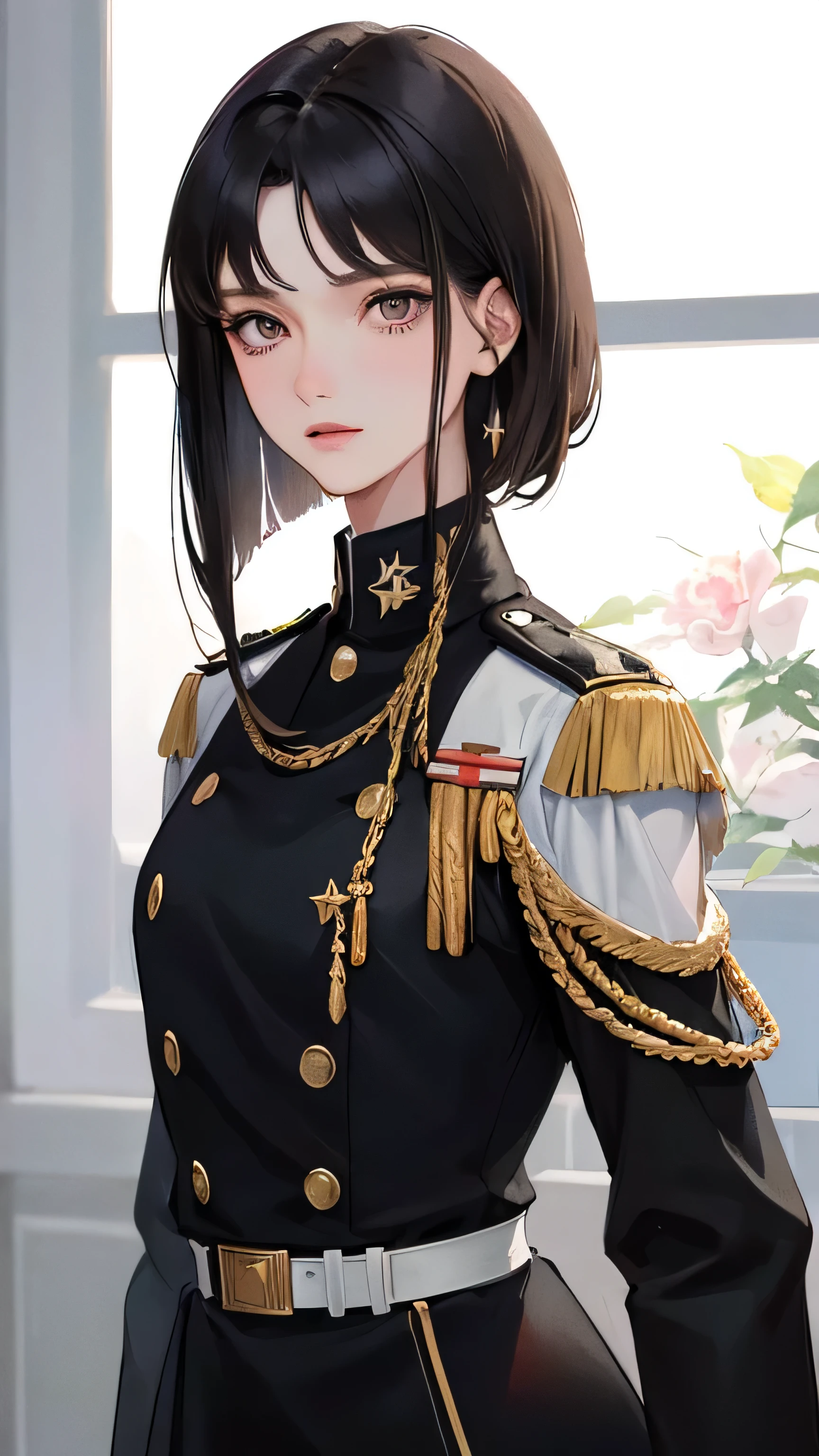 (highest resolution, distinct_image) best quality, woman, masterpiece, high detail, semi-realistic, short black hair, black hair, bangs, 21 years old, shoulder-length hair, mature, young, black clothes, black uniform, military academy beauty heroic heroic posture interior background exquisite and exquisite facial features